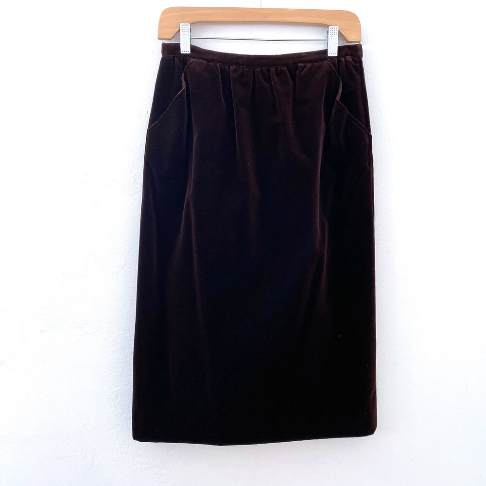 Vintage Valentino Velvet Pencil Skirt Knee Length Brown Pockets‎ Women's Size 10
